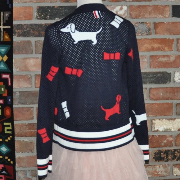 THOM BROWNE Pointelle Hector Bow Navy Wool Cardigan Intarsia-knit Sweater S - Picture 8 of 16